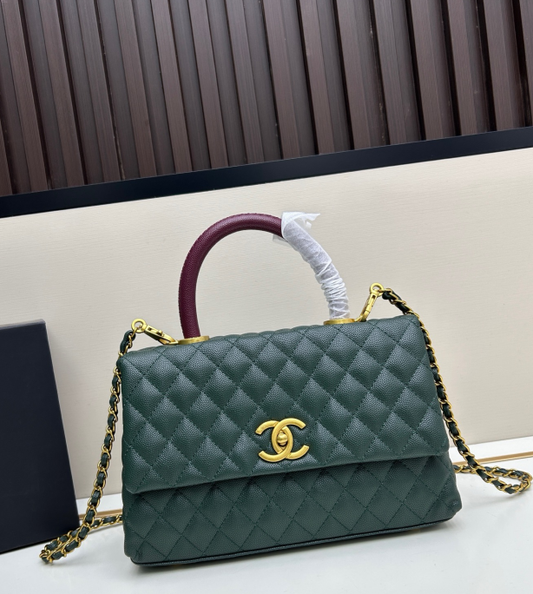 Caviar Quilted Coco Mark Handle Flap Bag Dark Green & Burgundy A92991