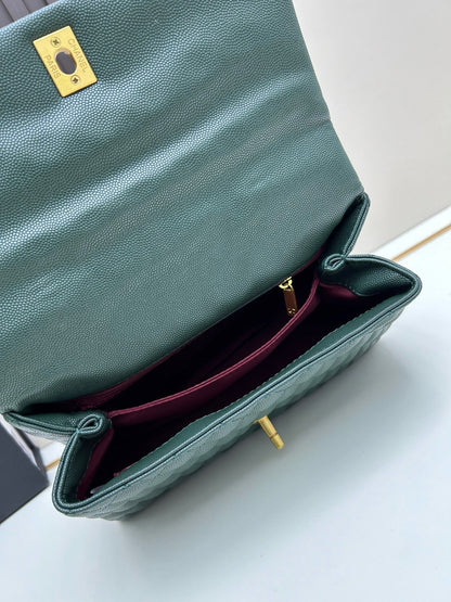 Caviar Quilted Coco Mark Handle Flap Bag Dark Green & Burgundy A92991