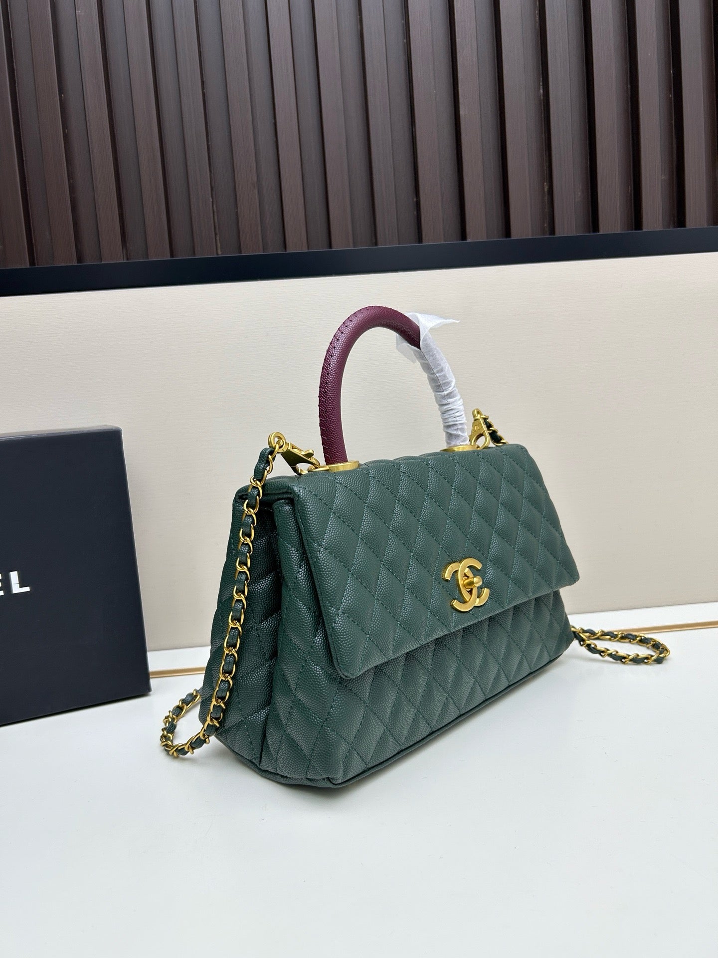 Caviar Quilted Coco Mark Handle Flap Bag Dark Green & Burgundy A92991