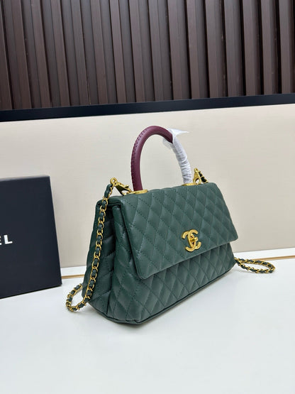 Caviar Quilted Coco Mark Handle Flap Bag Dark Green & Burgundy A92991