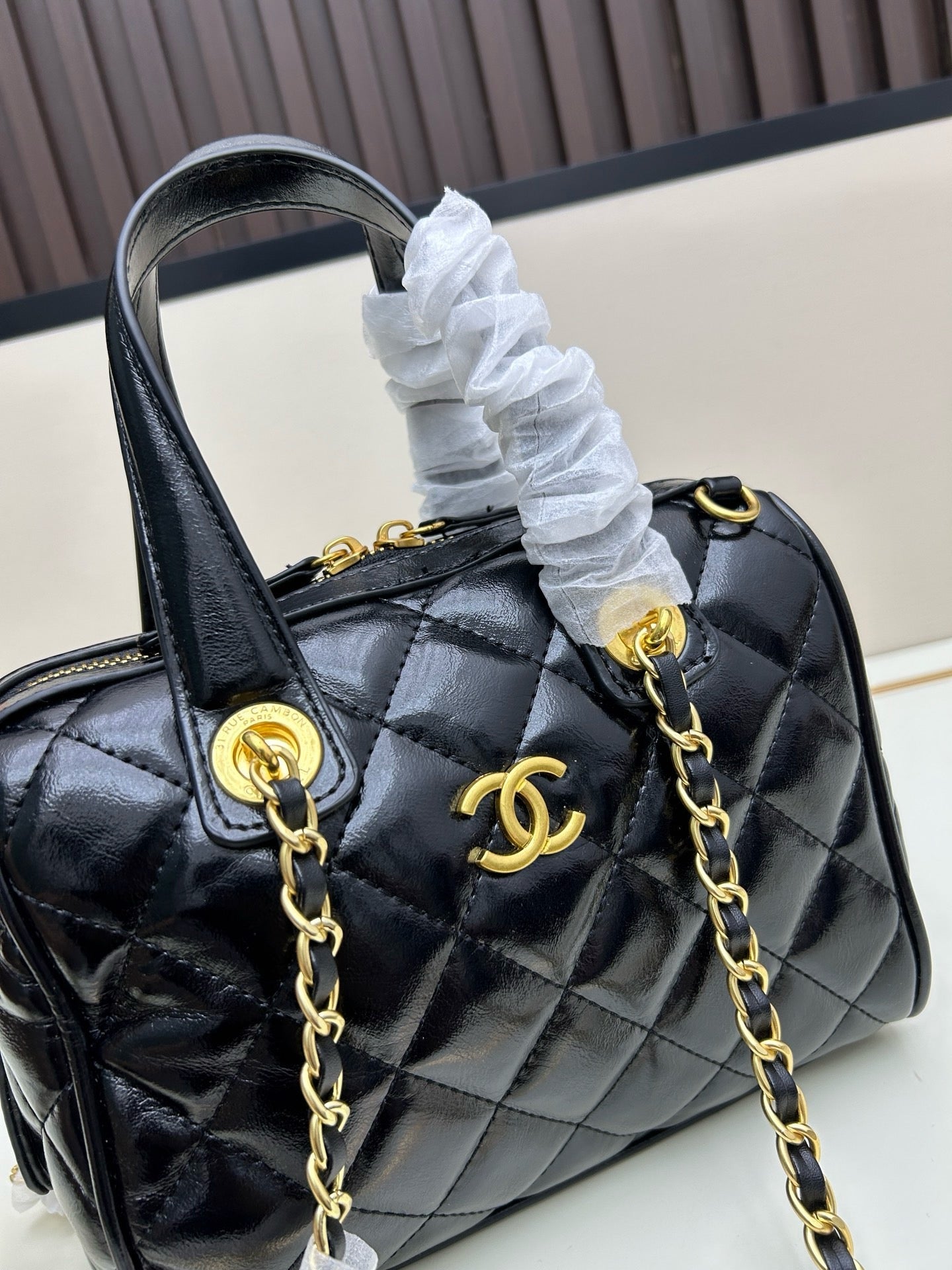 Bowling Bag Shiny Aged Calfskin & Gold-Tone Metal Black AS5242