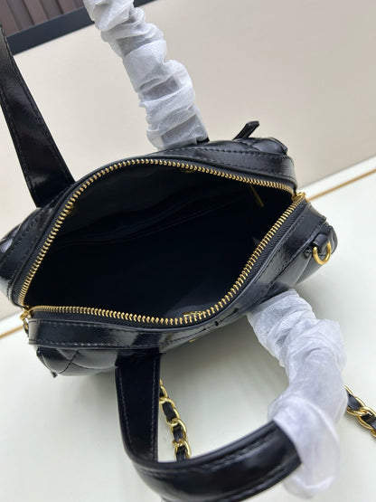 Bowling Bag Shiny Aged Calfskin & Gold-Tone Metal Black AS5242