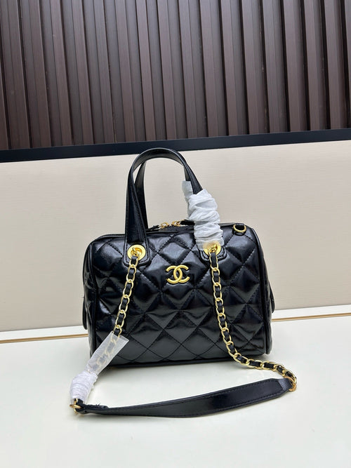 Bowling Bag Shiny Aged Calfskin & Gold-Tone Metal Black AS5242