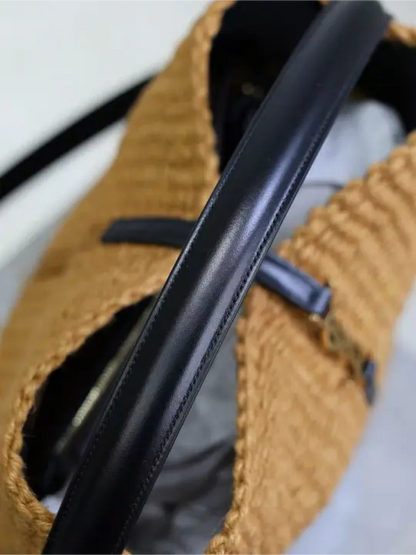 37 raffia woven cowhide bucket bag