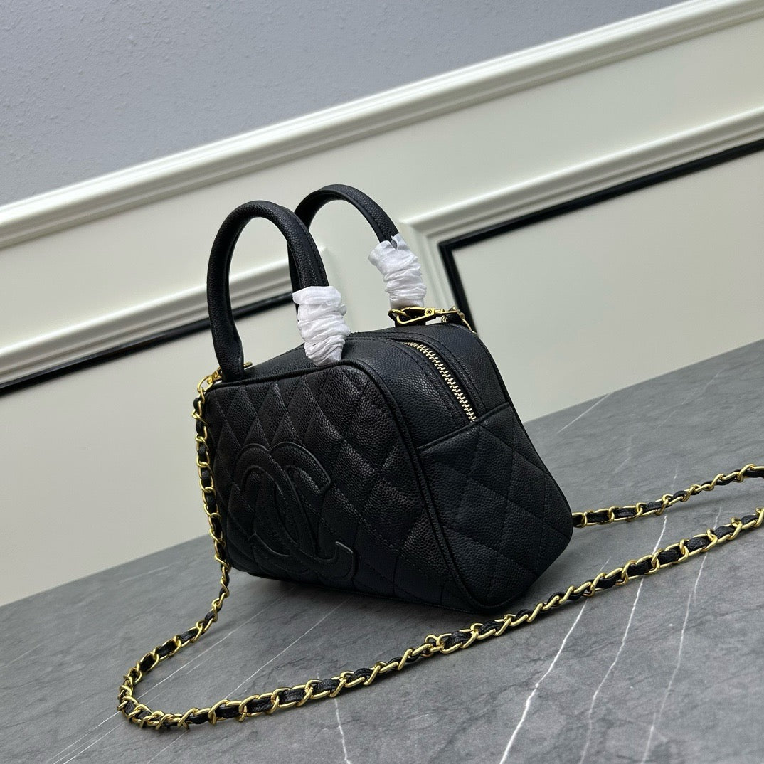 Quilted Coco Mark Mini Boston/Bowling Bag Black Grained Calfskin A20996