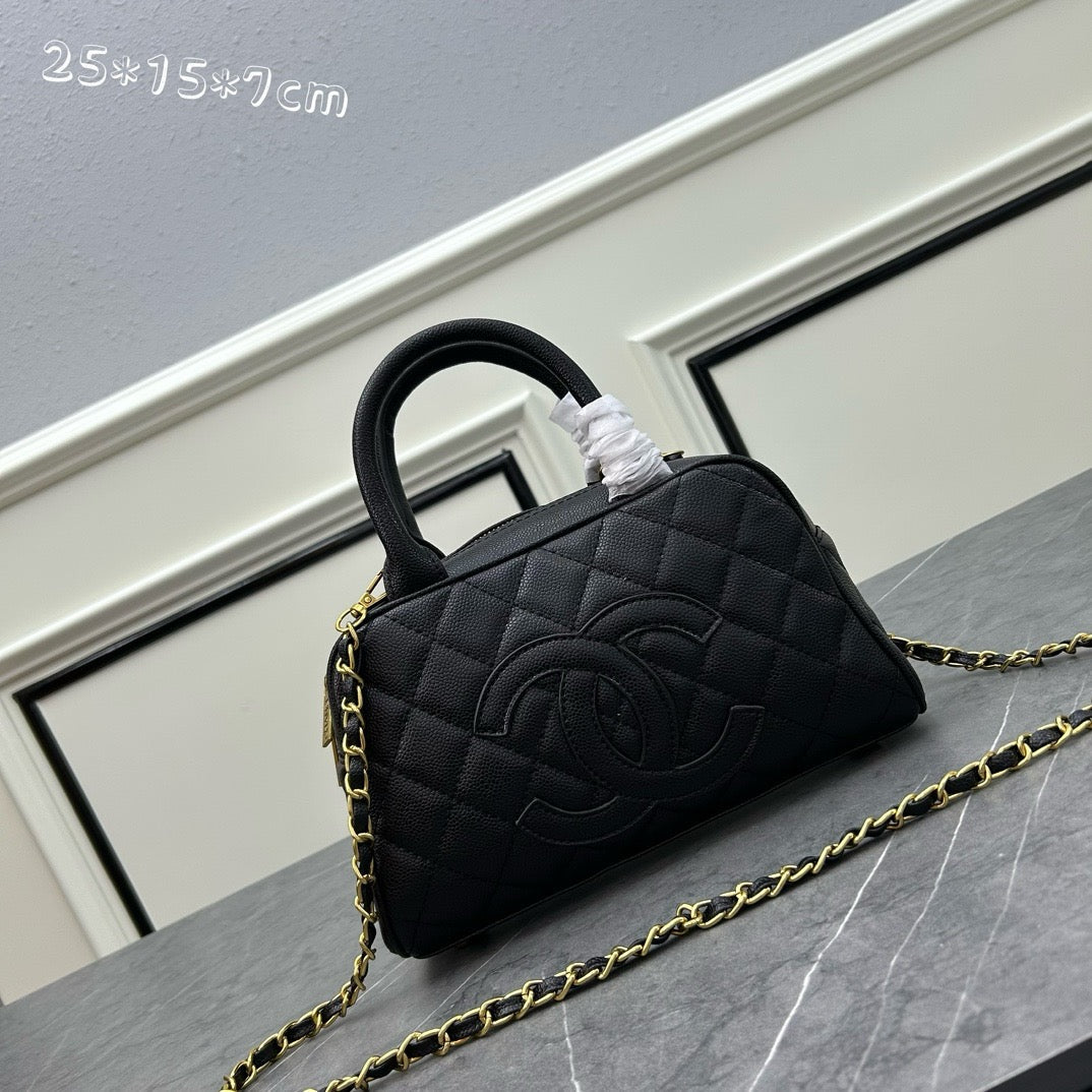 Quilted Coco Mark Mini Boston/Bowling Bag Black Grained Calfskin A20996