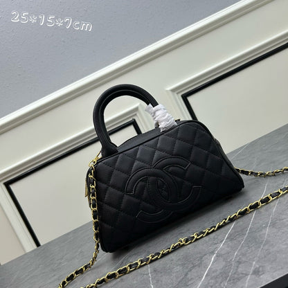 Quilted Coco Mark Mini Boston/Bowling Bag Black Grained Calfskin A20996