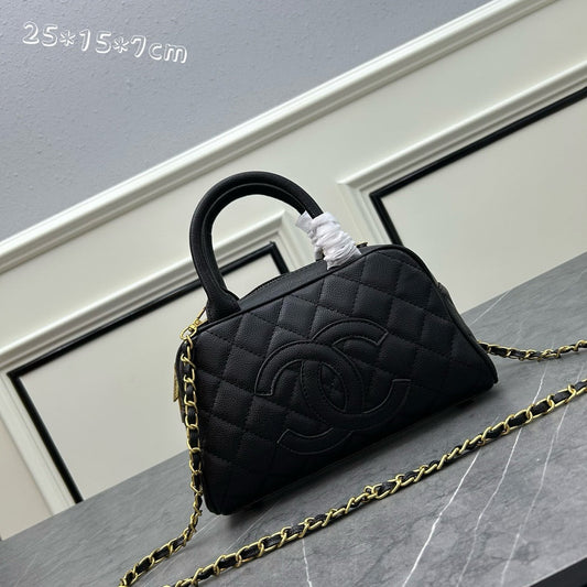 Quilted Coco Mark Mini Boston/Bowling Bag Black Grained Calfskin A20996