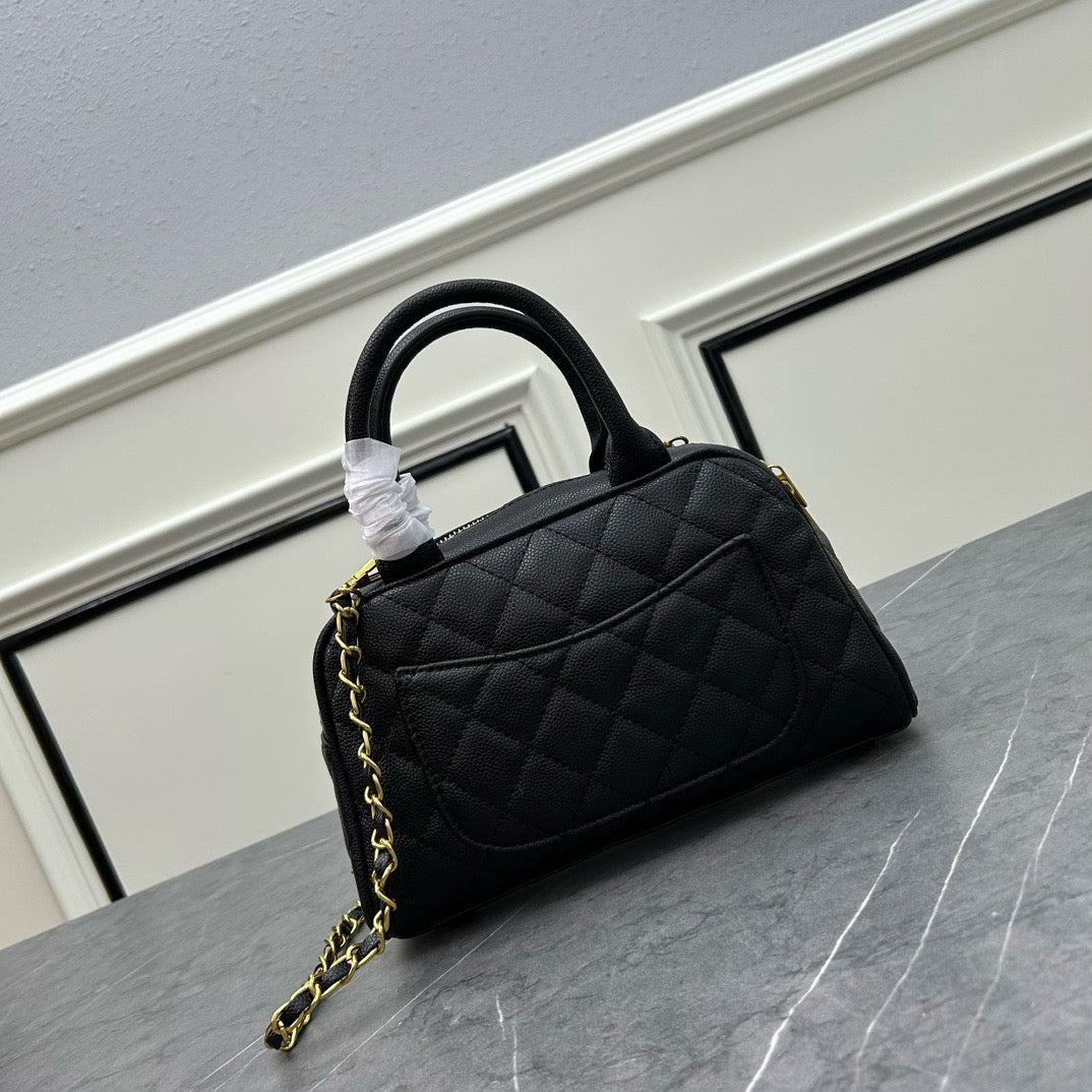 Quilted Coco Mark Mini Boston/Bowling Bag Black Grained Calfskin A20996