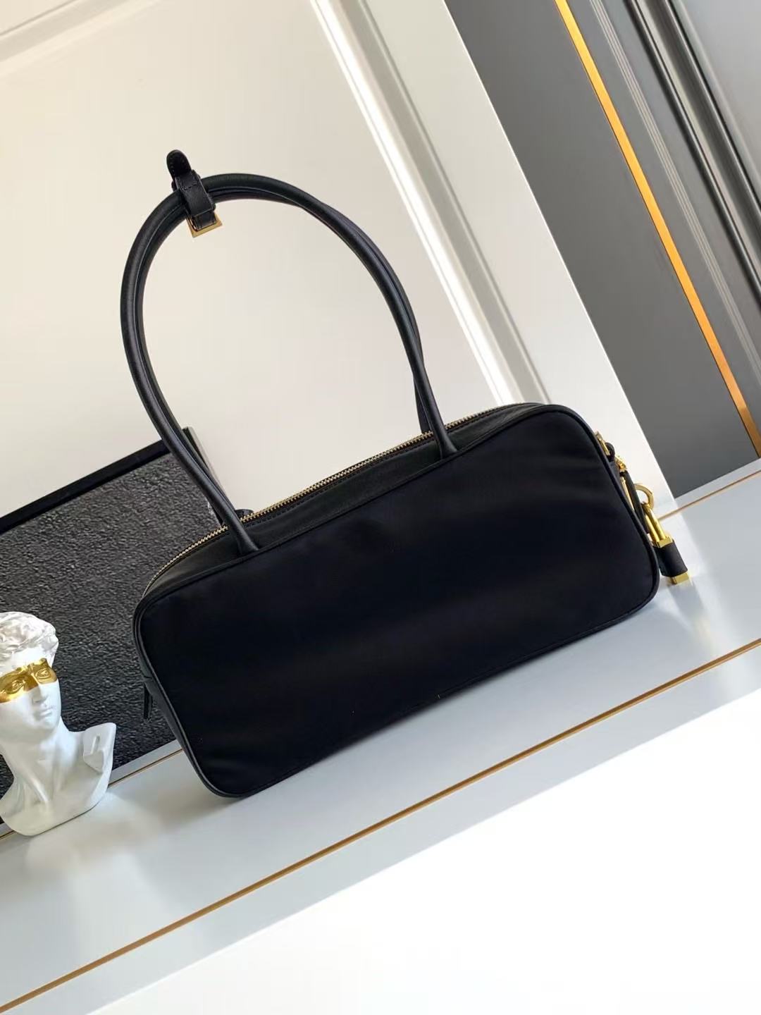Re-Nylon and Leather Small Top-Handle Bag with Padlock 1BB133_2C8Q_F0002_V_ODO