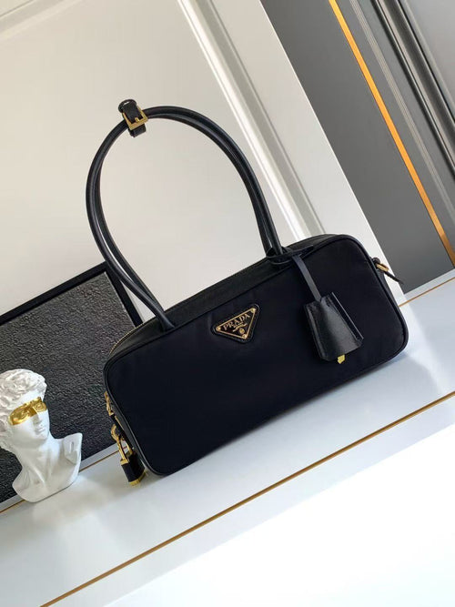 Re-Nylon and Leather Small Top-Handle Bag with Padlock 1BB133_2C8Q_F0002_V_ODO