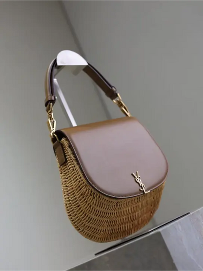 Voltaire Small Leather-Trimmed Straw Shoulder Bag