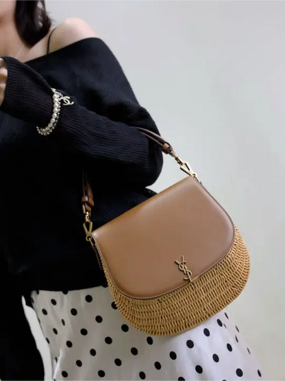 Voltaire Small Leather-Trimmed Straw Shoulder Bag