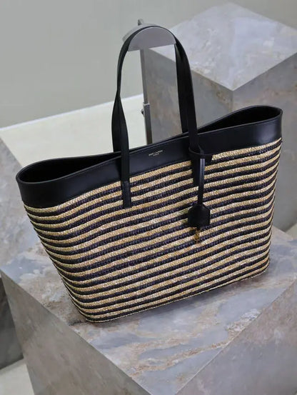 Striped Straw and Leather Shopping Tote Bag