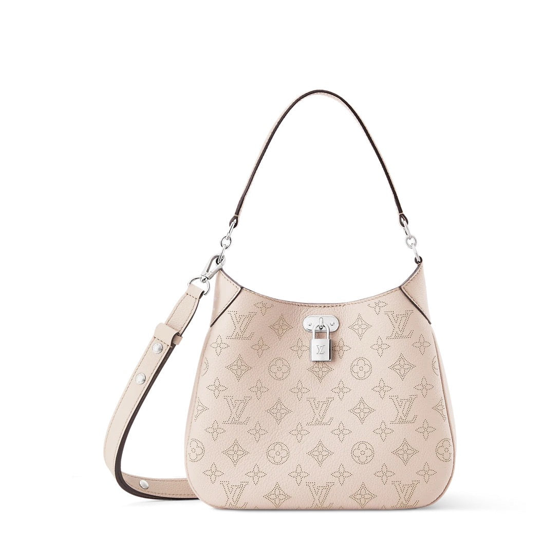 All Around PM Tote Bag with Openwork Monogram Pattern, Pebble Gray Mahina Calfskin| M27459
