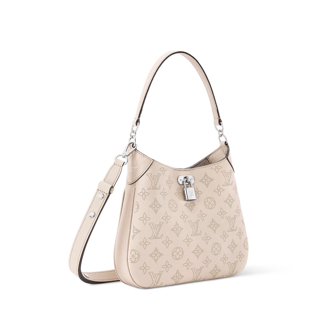 All Around PM Tote Bag with Openwork Monogram Pattern, Pebble Gray Mahina Calfskin| M27459