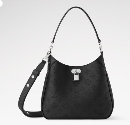 2026 All Around PM Tote Bag with Openwork Monogram Pattern, Pebble Gray Mahina Calfskin M28306