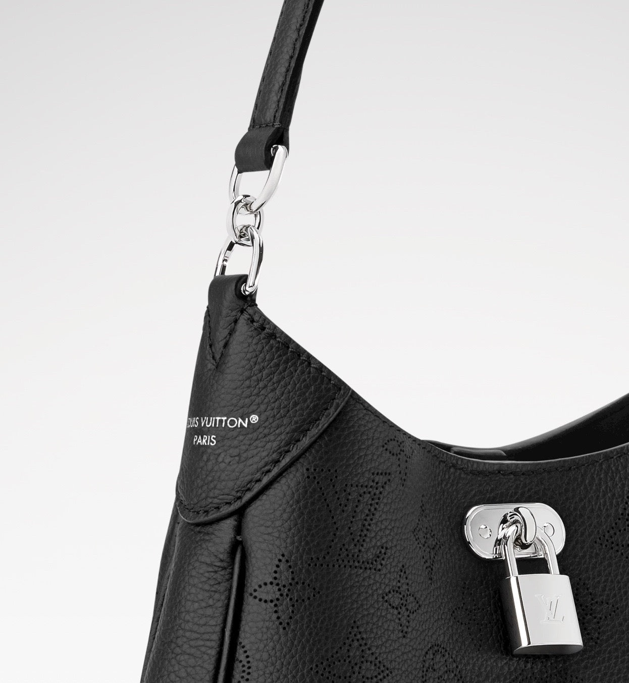 2026 All Around PM Tote Bag with Openwork Monogram Pattern, Pebble Gray Mahina Calfskin M28306