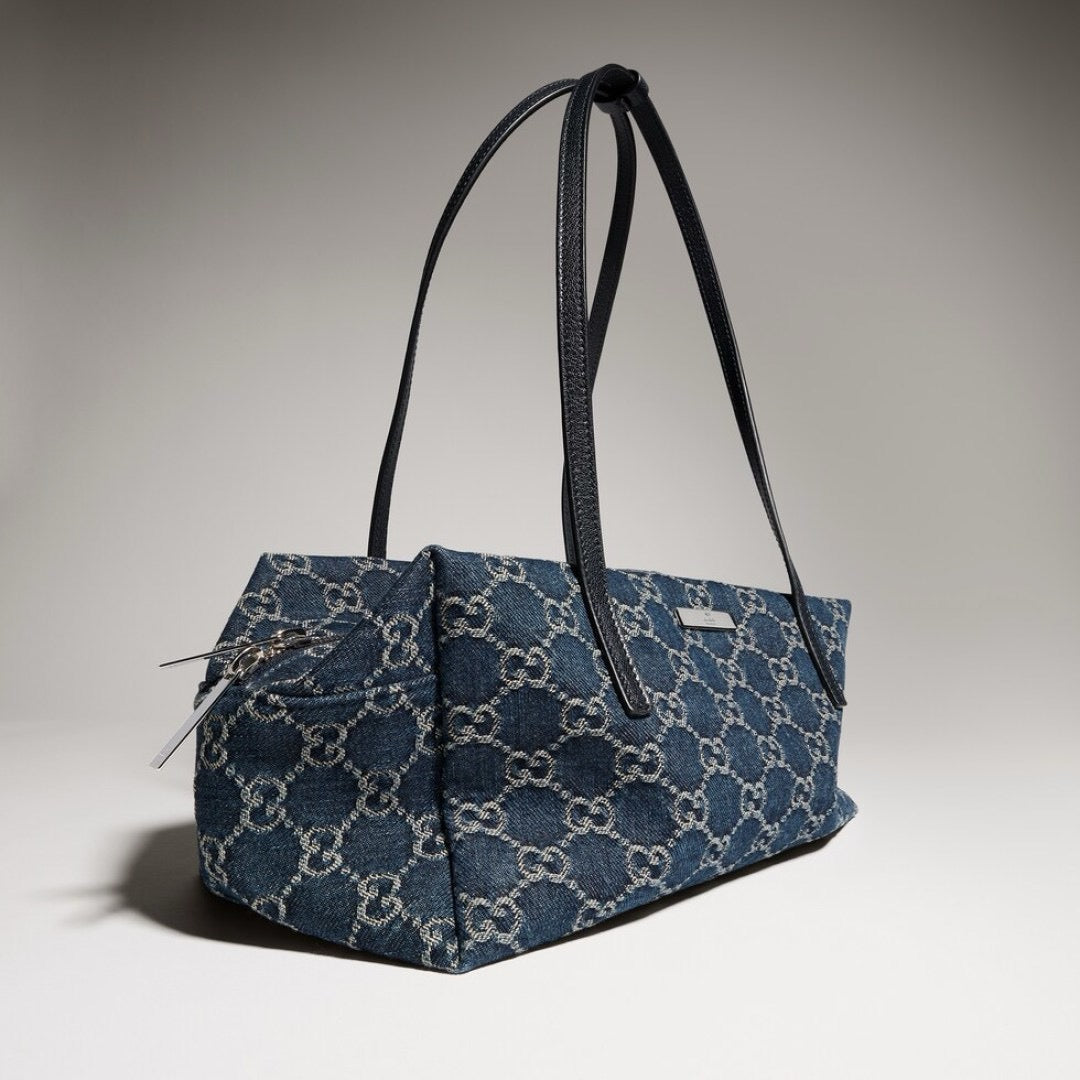 2026 Medium Boston Bag in Dark Blue Washed GG Denim 875228 FAF8V 4042