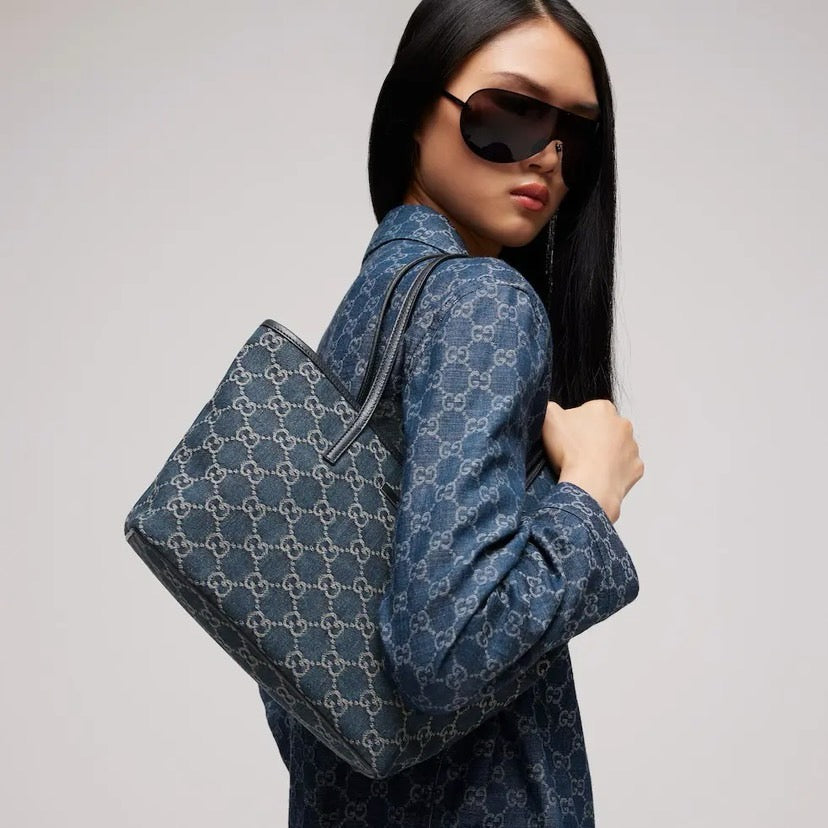 2026 Small Blue Washed GG Denim Tote Bag 875236 FAF8V 4042
