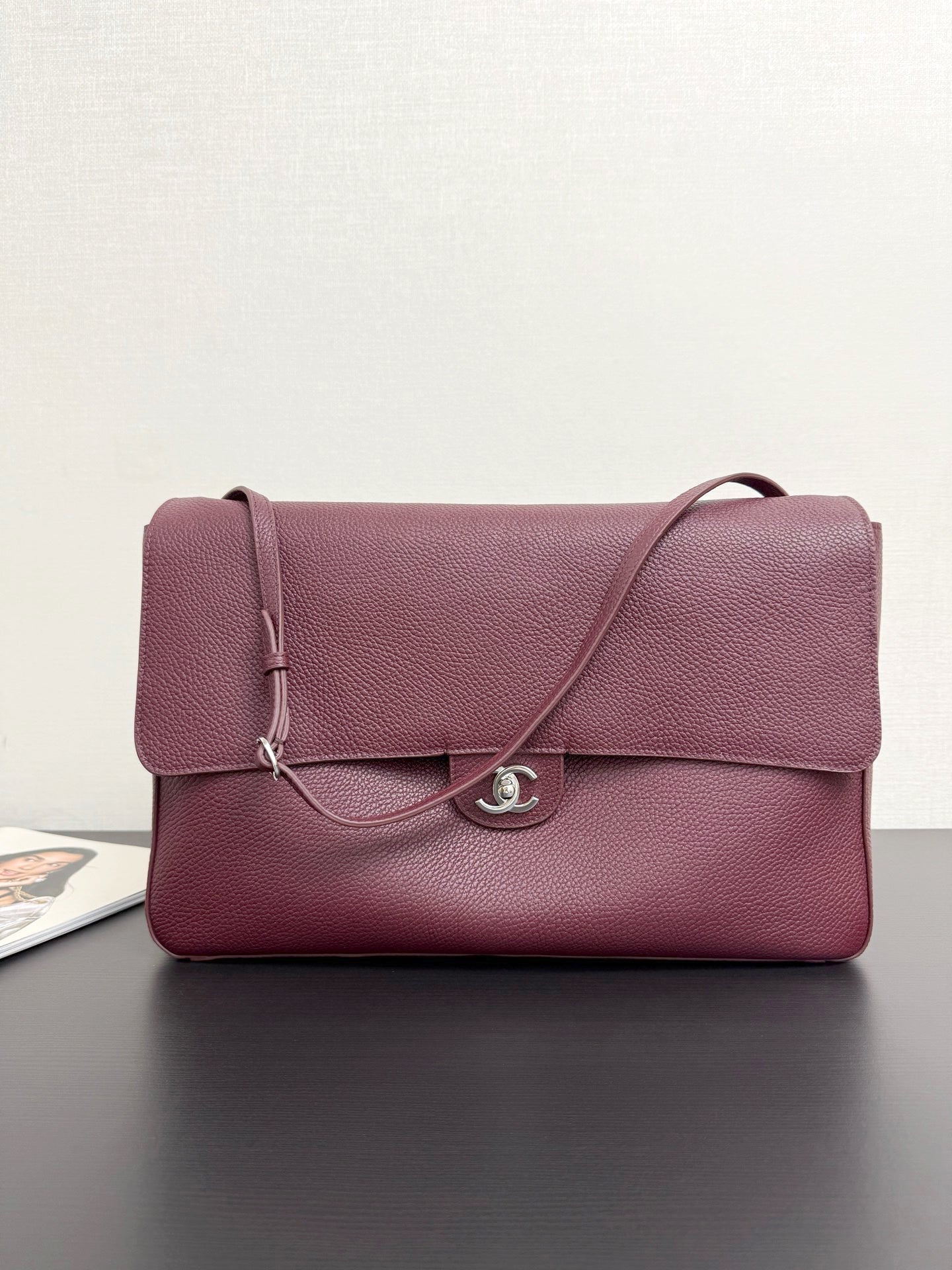 2026 Maxi Flapbag Large Flap Bag in Dark Burgundy Grained Calfskin AS6233-B24008-U8393