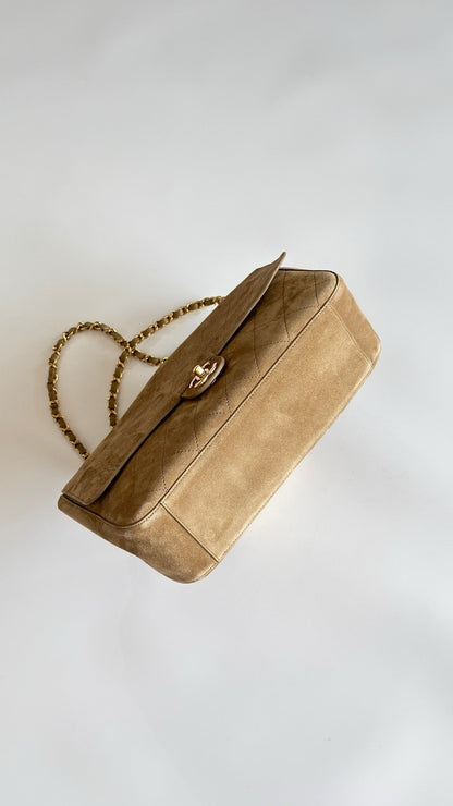 2026 Souplissimo Dark Beige Suede Oversized Flap Bag AS6281-B24009-U9390