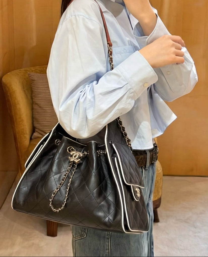 2026 Panda-Print Color-Block Small Bucket Bag AS5293 B20304 94305