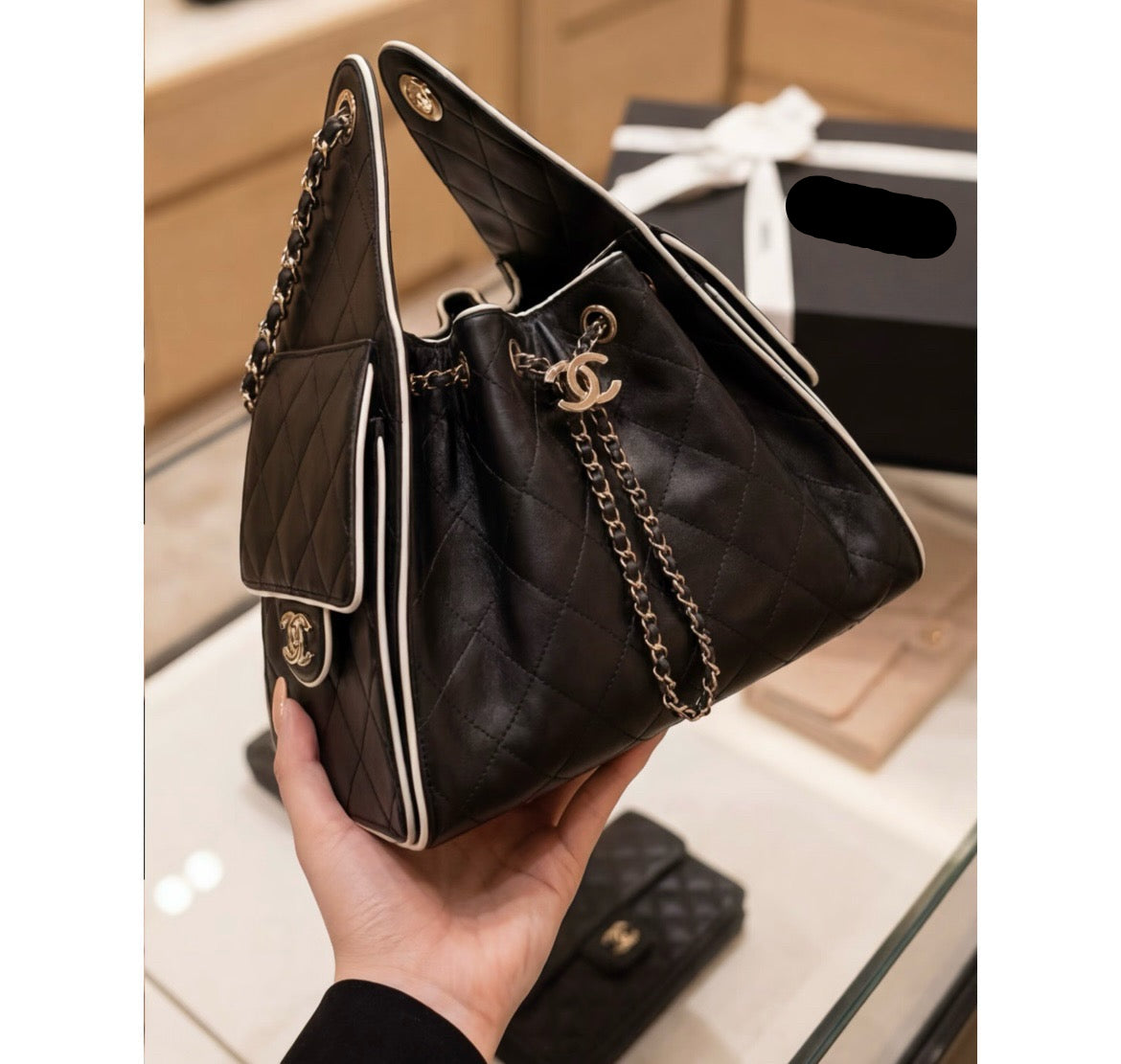 2026 Panda-Print Color-Block Small Bucket Bag AS5293 B20304 94305