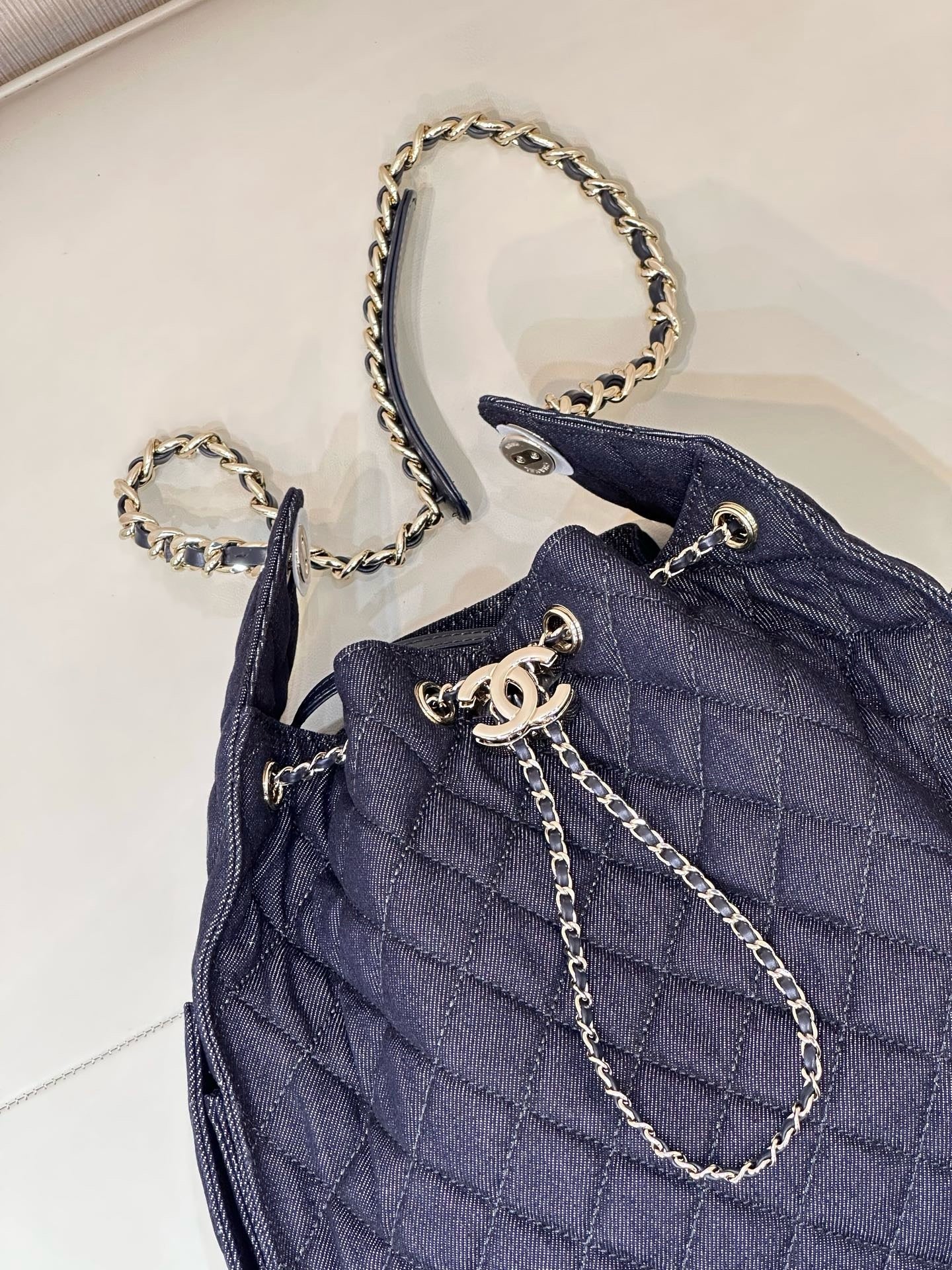 2026 Chain-Strap Tote Bag in Dark Blue Vintage Quilted Denim AS5311 B24037 U9373