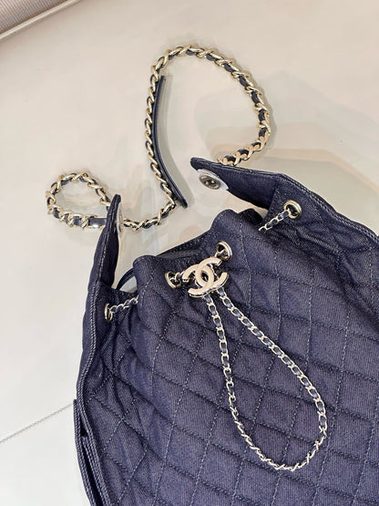 2026 Chain-Strap Tote Bag in Dark Blue Vintage Quilted Denim AS5311 B24037 U9373