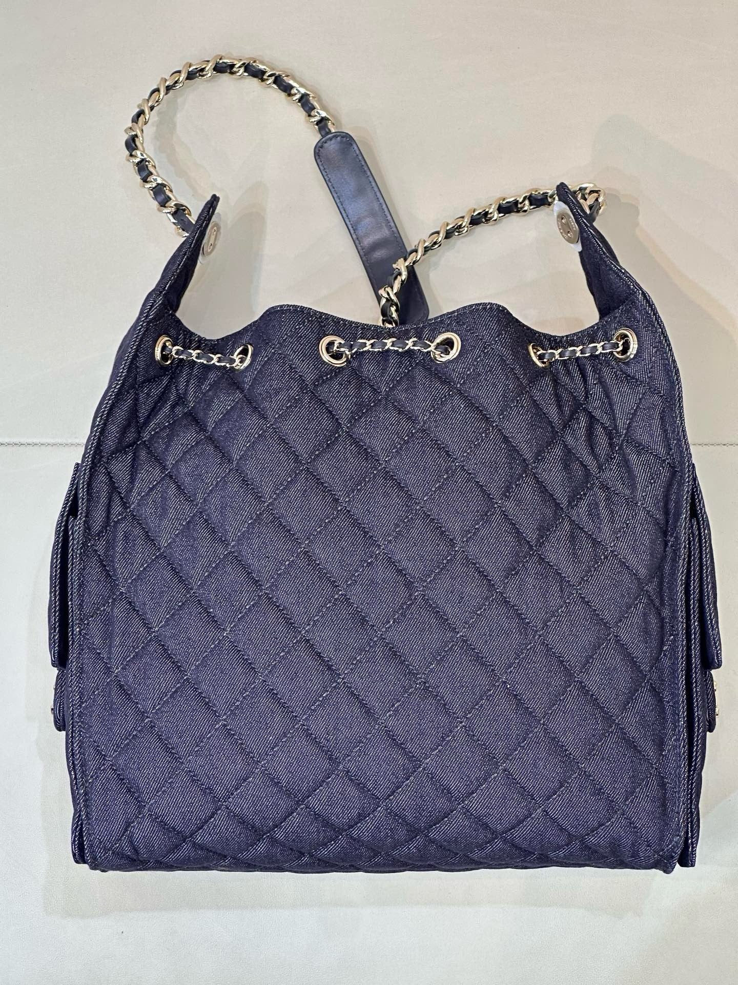 2026 Chain-Strap Tote Bag in Dark Blue Vintage Quilted Denim AS5311 B24037 U9373
