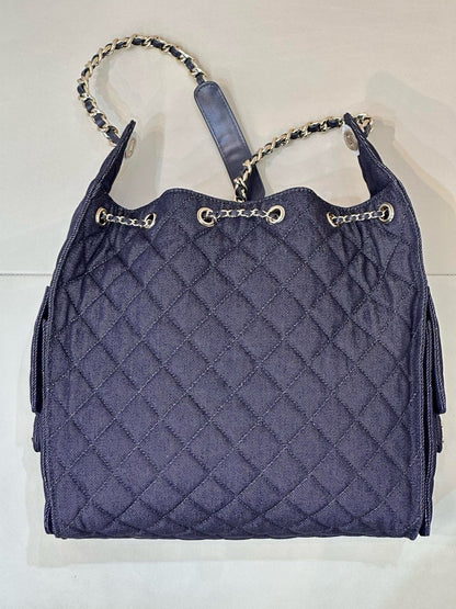 2026 Chain-Strap Tote Bag in Dark Blue Vintage Quilted Denim AS5311 B24037 U9373