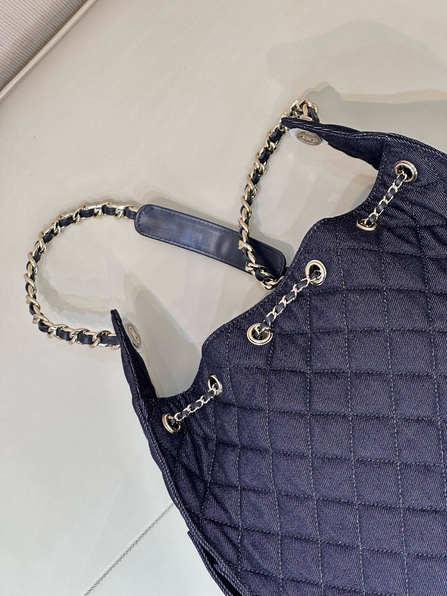 2026 Chain-Strap Tote Bag in Dark Blue Vintage Quilted Denim AS5311 B24037 U9373