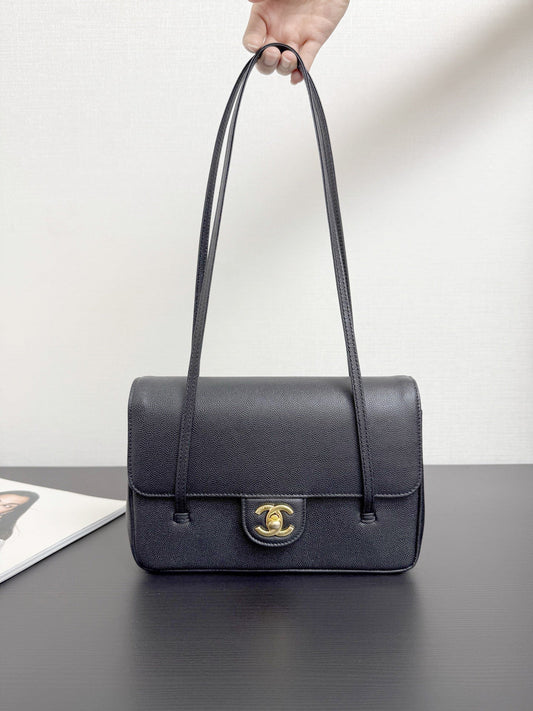 2026 Preppy Coco Small Flap Bag in Black Shiny Grained Calfskin AS6130 B23483 94305