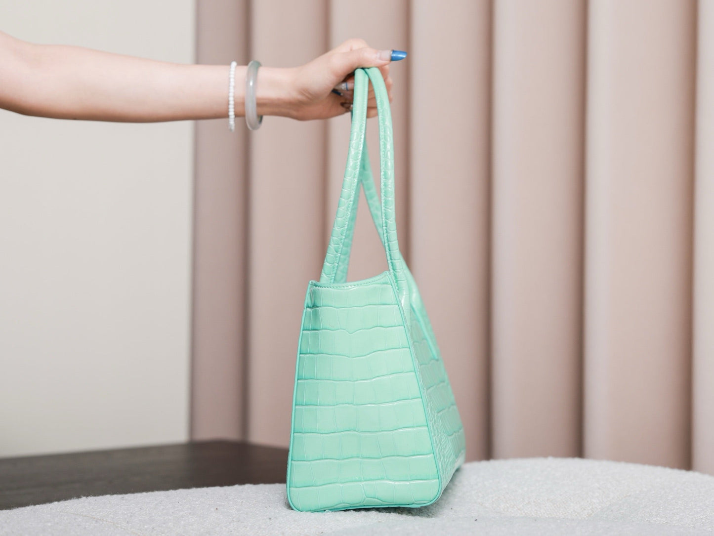 2026 Small Shopping Bag in Mint Green Crocodile-Embossed Calfskin AS6243 B24144 U8385