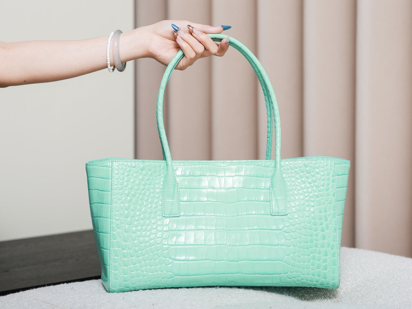 2026 Small Shopping Bag in Mint Green Crocodile-Embossed Calfskin AS6243 B24144 U8385