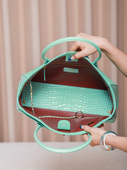 2026 Small Shopping Bag in Mint Green Crocodile-Embossed Calfskin AS6243 B24144 U8385
