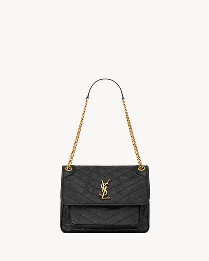 2026 Niki Medium Chain Shoulder Bag in Black Vintage Leather 6331840EN071000