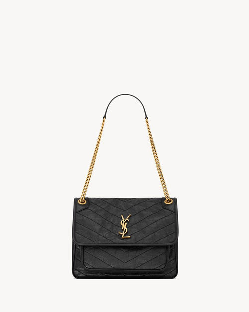 2026 Niki Medium Chain Shoulder Bag in Black Vintage Leather 6331840EN071000