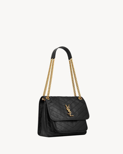 2026 Niki Medium Chain Shoulder Bag in Black Vintage Leather 6331840EN071000