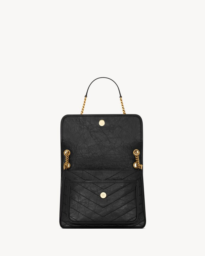 2026 Niki Medium Chain Shoulder Bag in Black Vintage Leather 6331840EN071000