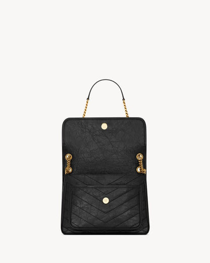 2026 Niki Medium Chain Shoulder Bag in Black Vintage Leather 6331840EN071000